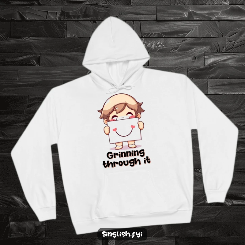 Funny hoodie with a character sporting a huge grin and holding a smiley face sign, offering warmth and cheerful, humorous comfort.