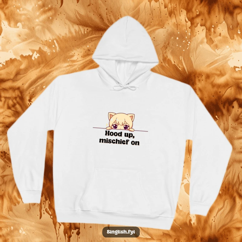 Funny hoodie showcasing a character peeking with a funny, mischievous glint in their eyes, perfect for cozy, playful moments.