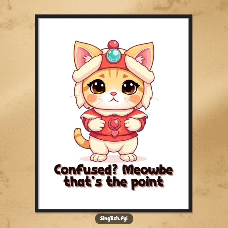 Funny Free Printable Wall Art: A bewildered cat wears a miniature lion dance costume, looking hilariously confused and out of place.