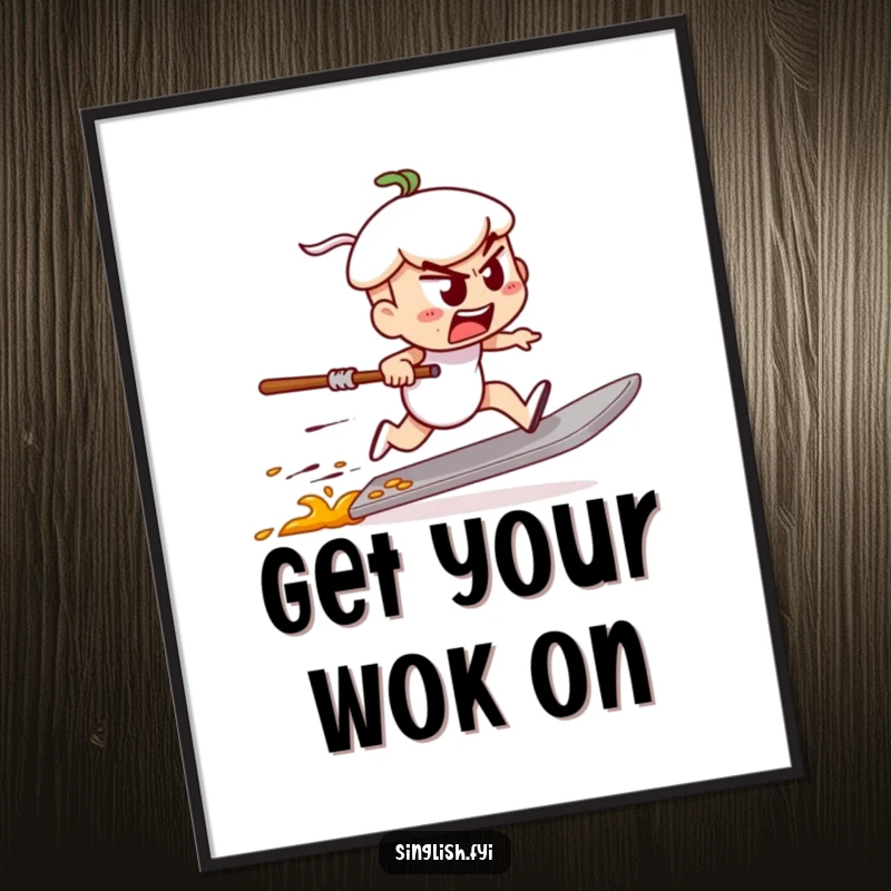 Funny Free Printable Wall Art: A determined char kway teow character speed racing on a spatula, energetic and humorous decor.
