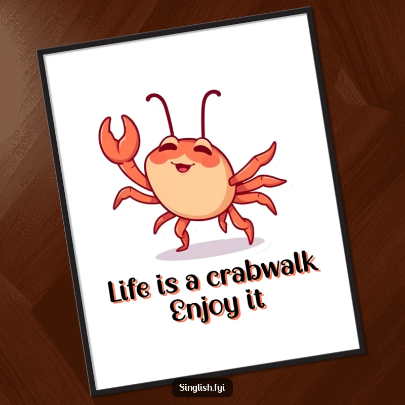 Funny Free Printable Wall Art: Giggling chilli crab doing a sideways crab walk, bringing coastal humor to your decor.
