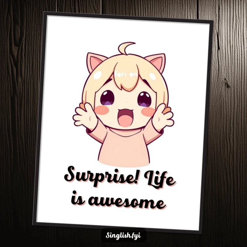 Funny Free Printable wall art depicting a character with hands thrown up in a moment of surprised, delightful excitement.