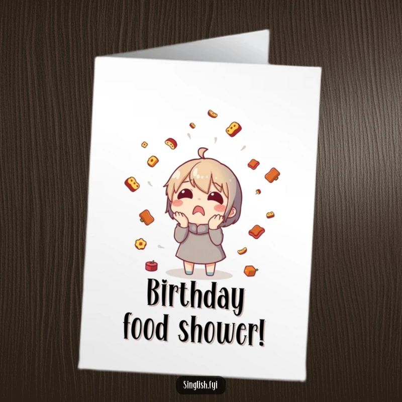 Funny Free Printable Shelduck Birthday Card, character surprised by a sudden rain of tiny food items, perfect for birthdays.