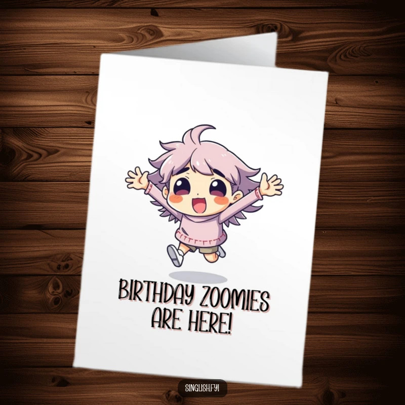 Funny Free Printable Birthday Card: A comical character sprinting with arms wildly flailing in peak excitement.