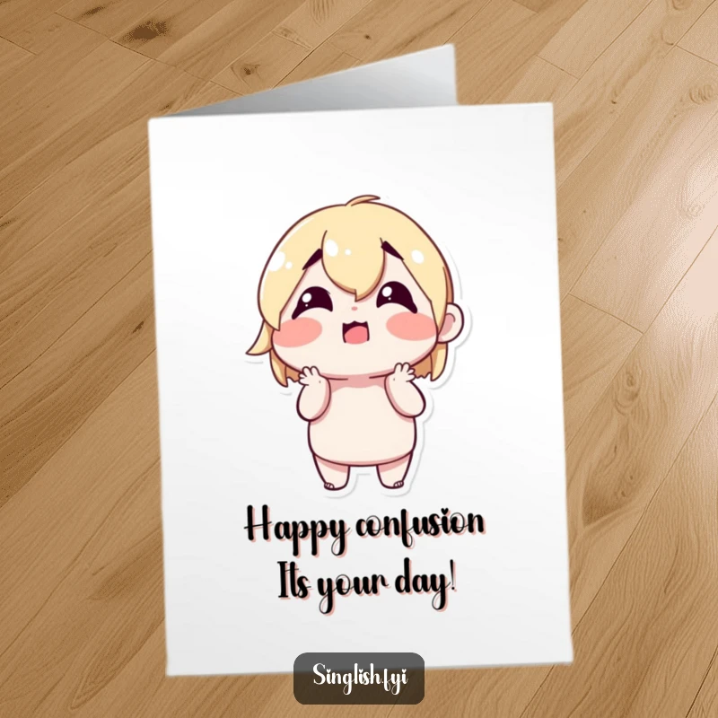 Funny Free Printable Birthday Card: Character shrugging with a confused but happy expression, conveying acceptance and lightheartedness for the occasion.