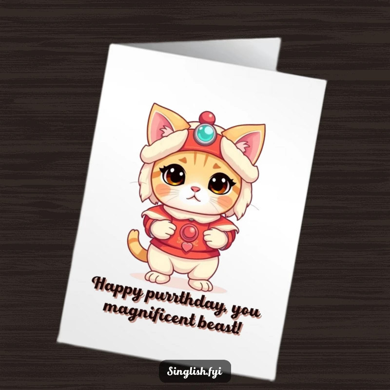 Funny Free Printable Birthday Card: A bewildered cat in a lion dance costume wishes happy birthday, looking utterly confused.