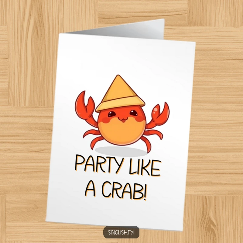 Funny Free Printable Birthday Card: Mischievous chili crab character hilariously trying to wear a tiny conical hat, a festive card.