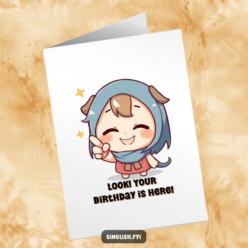 Funny Free Printable Birthday Card: A character grins mischievously while playfully pointing at something unseen.