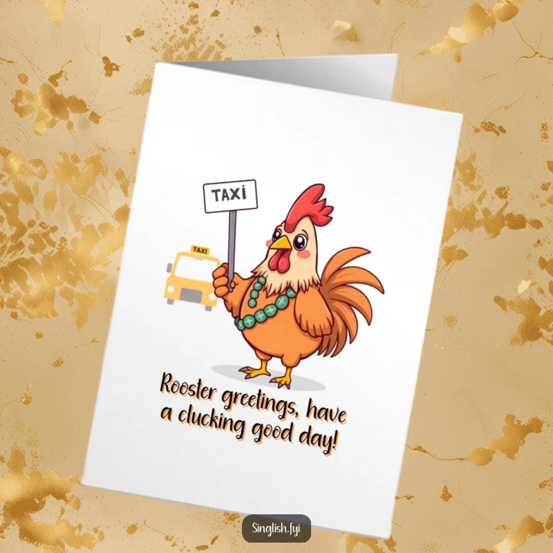 Funny Free Printable Birthday Card: A confused rooster in a sarong hails a taxi, wishing happy birthday with humor.