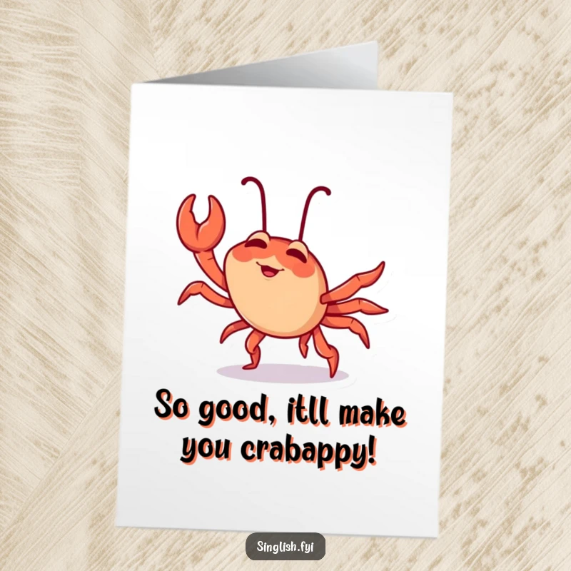 Funny Free Printable Birthday Card: Giggling chilli crab doing a silly sideways crab walk, ready to party.