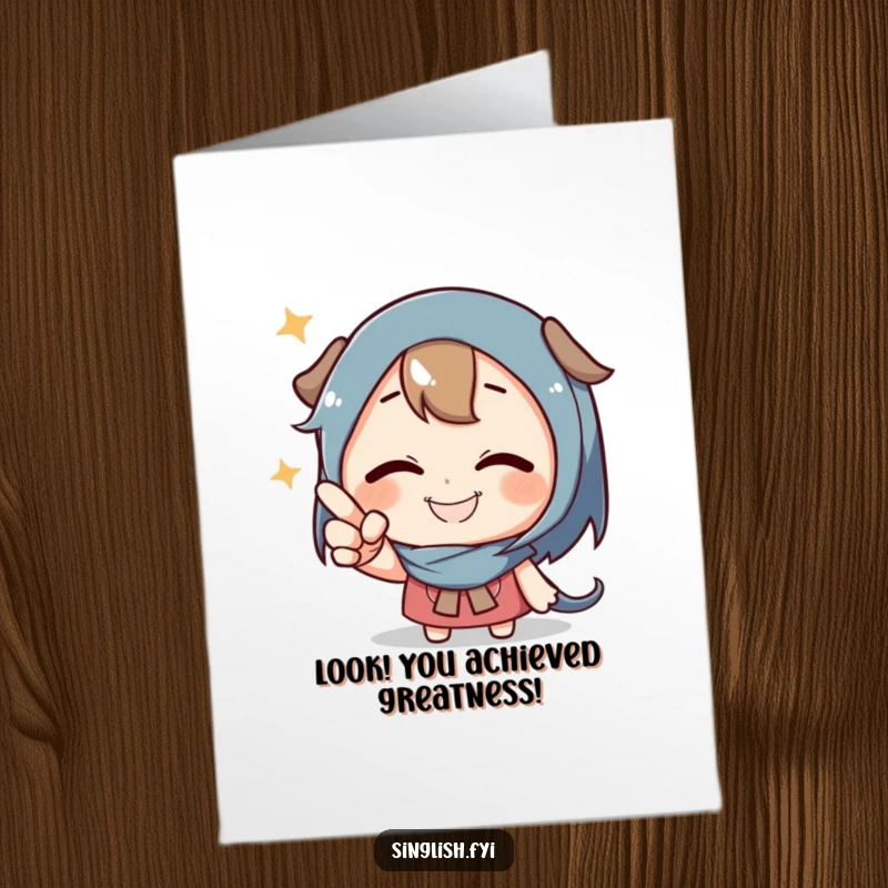 Funny Free Printable Congratulations Card: Character grins wide, playfully pointing towards an intriguing, unseen subject.