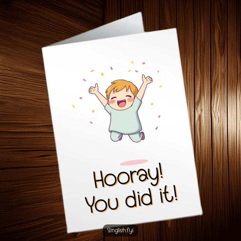 Funny Free Printable Congratulations Card: Character jumps with pure elation, throwing handfuls of colorful confetti.