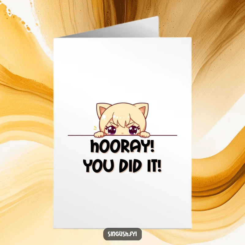 Funny Free Printable Congratulations Card: Character peeking over a wall, eyes full of mischievous glee, celebrating a win.