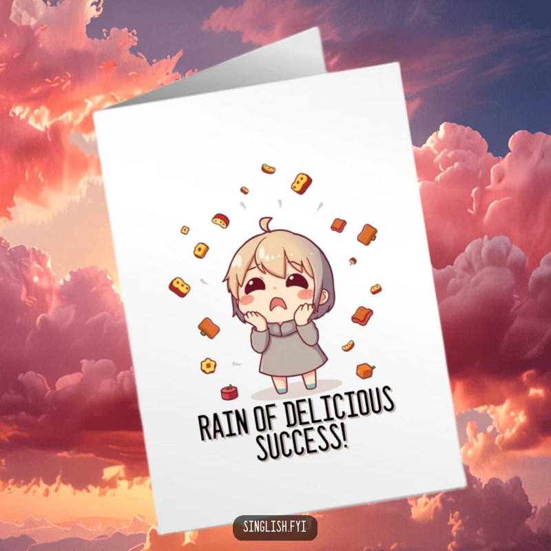 Funny Free Printable Shelduck Congrats Card, character surprised by raining tiny food items, celebrating unexpected wins humorously.