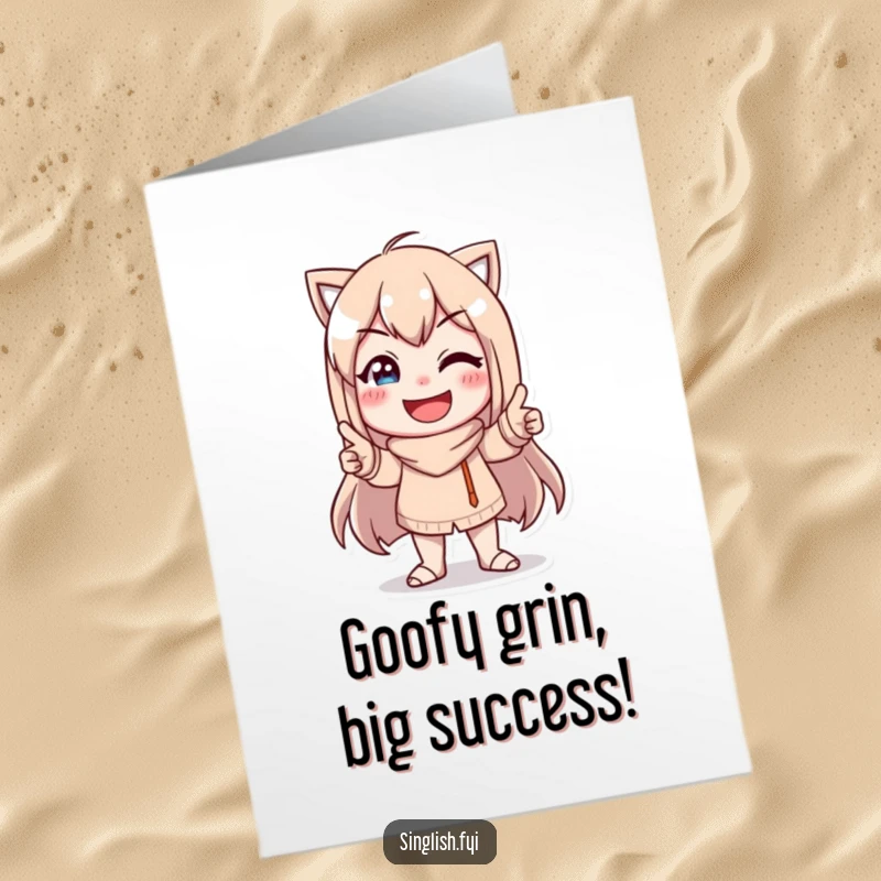 Funny Free Printable Congratulations Card: Character striking a funny pose with a wide, goofy smile, celebrating achievement.