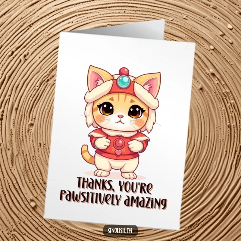 Funny Free Printable Thank You Card: A bewildered cat wearing a lion dance costume looks confused, sending thanks humorously.