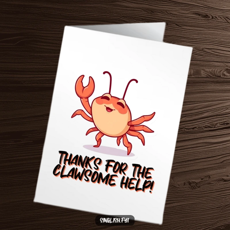 Funny Free Printable Thank You Card: Giggling chilli crab doing a sideways crab walk, sending appreciate vibes.