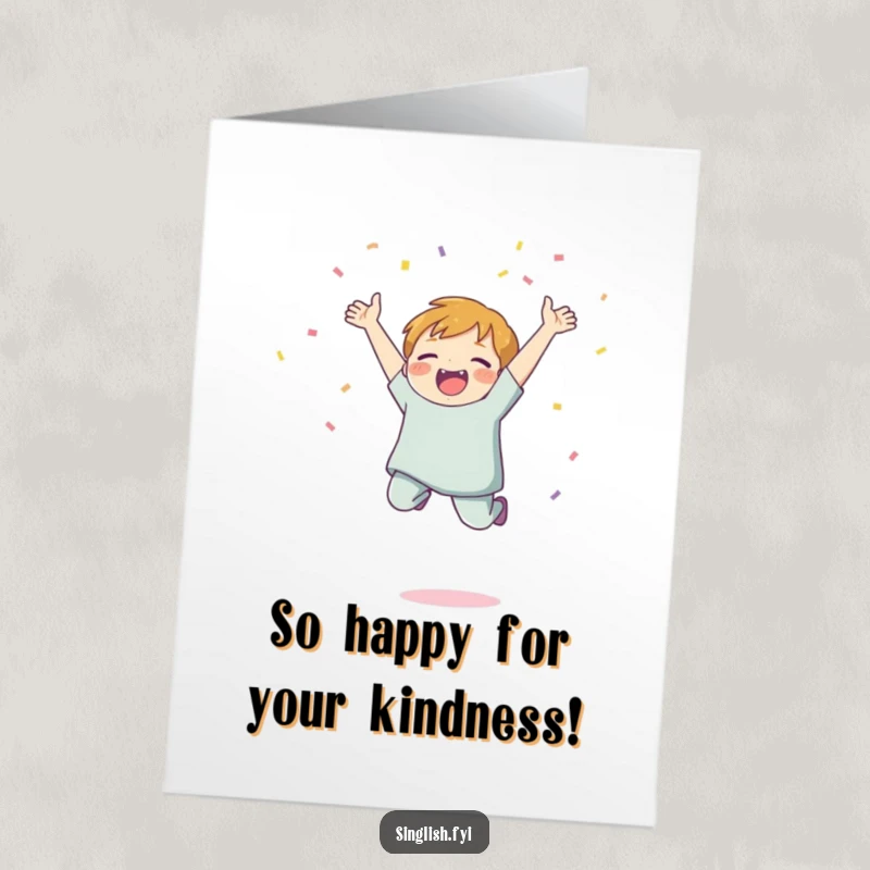 Funny Free Printable Thank You Card: Character leaping with joy, showering confetti as a sign of deep thanks.