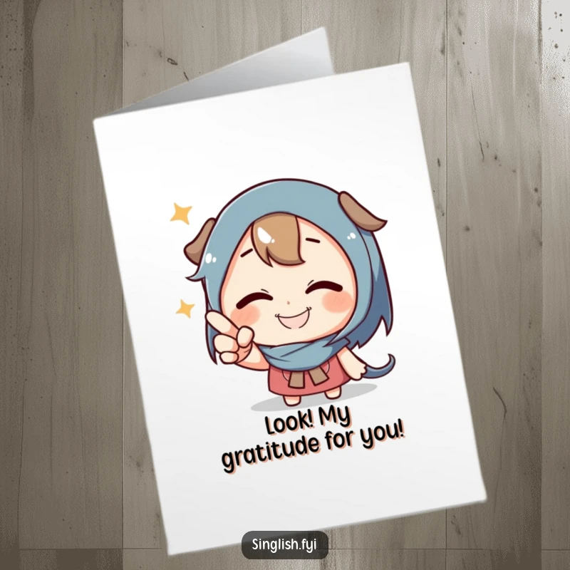 Funny Free Printable Thank You Card: A character with a wide grin playfully points, inviting attention to an unseen detail.