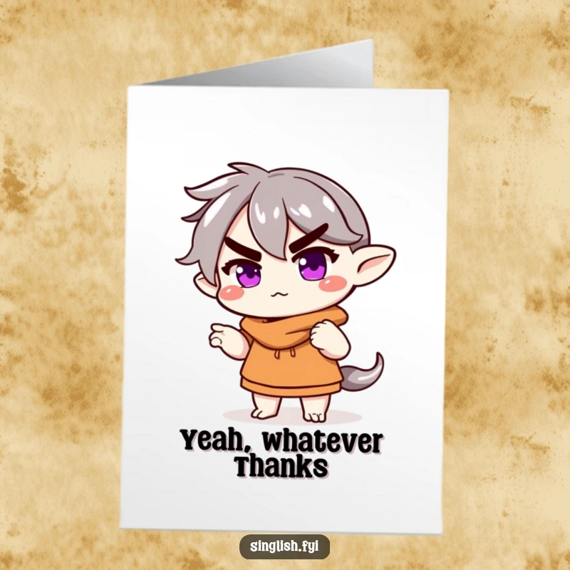 Funny Free Printable Thank You Card: A character with a raised eyebrow and a slight shrug, conveying a nonchalant thank you.