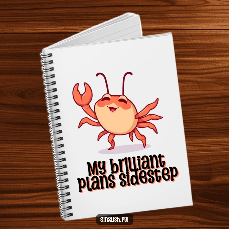 Funny chilli crab notebook with a giggling character comically doing a sideways crab walk, inspiring creative thoughts and laughter.