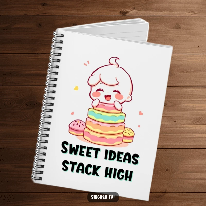Funny notebook with a cover art of a character giggling while balancing a vibrant, tall stack of kuih, ideal for notes and lists.