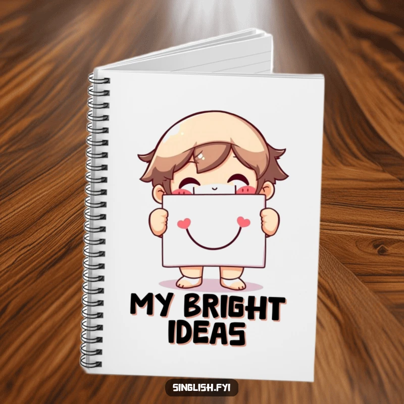 Funny notebook with a character with a massive grin holding a smiley face sign, perfect for recording happy thoughts and ideas.