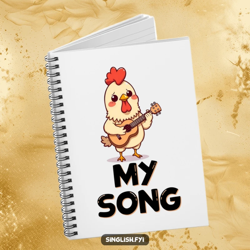 Funny notebook featuring a confused chicken satay skewer attempting to play a miniature ukulele, perfect for jotting down musical or random thoughts.