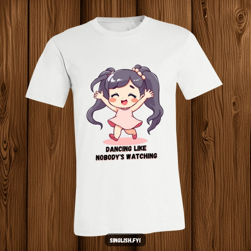 Funny T-Shirt: A character dances energetically with a carefree expression, radiating infectious, comical happiness and freedom.