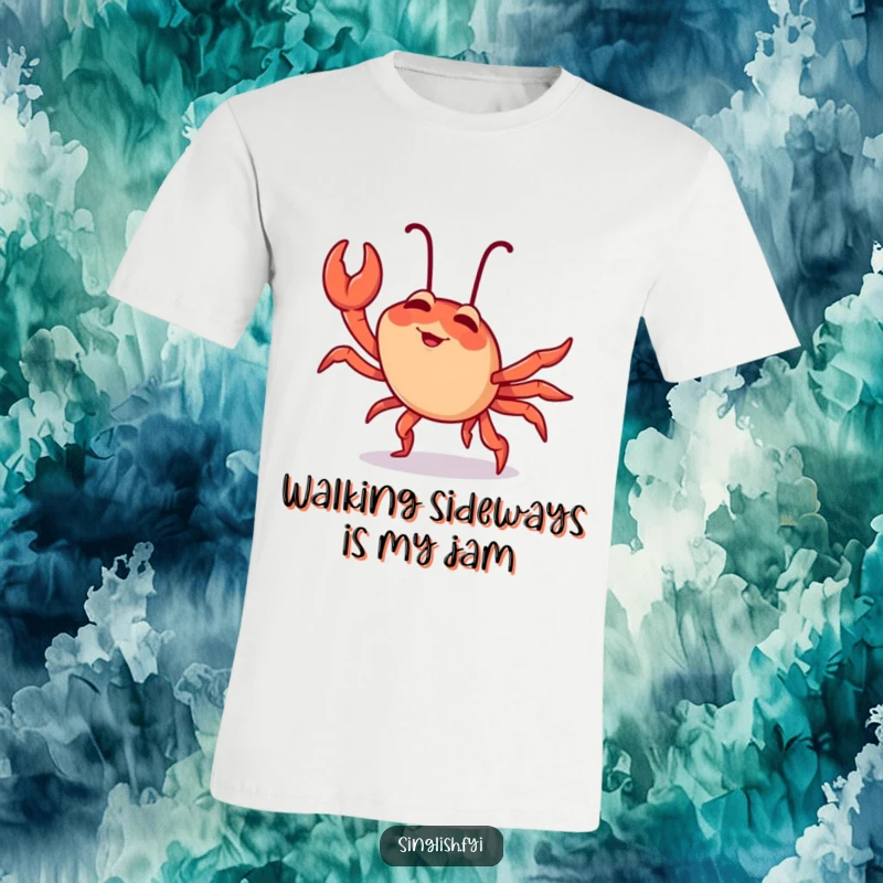 Funny chilli crab t-shirt displaying a giggling character in mid-sideways crab walk, radiating pure comical delight and playful energy.