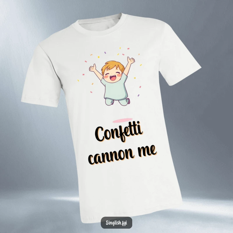 Funny Confetti Jump T-Shirt depicting a character jumping joyfully and throwing confetti, perfect for festive and humorous occasions.