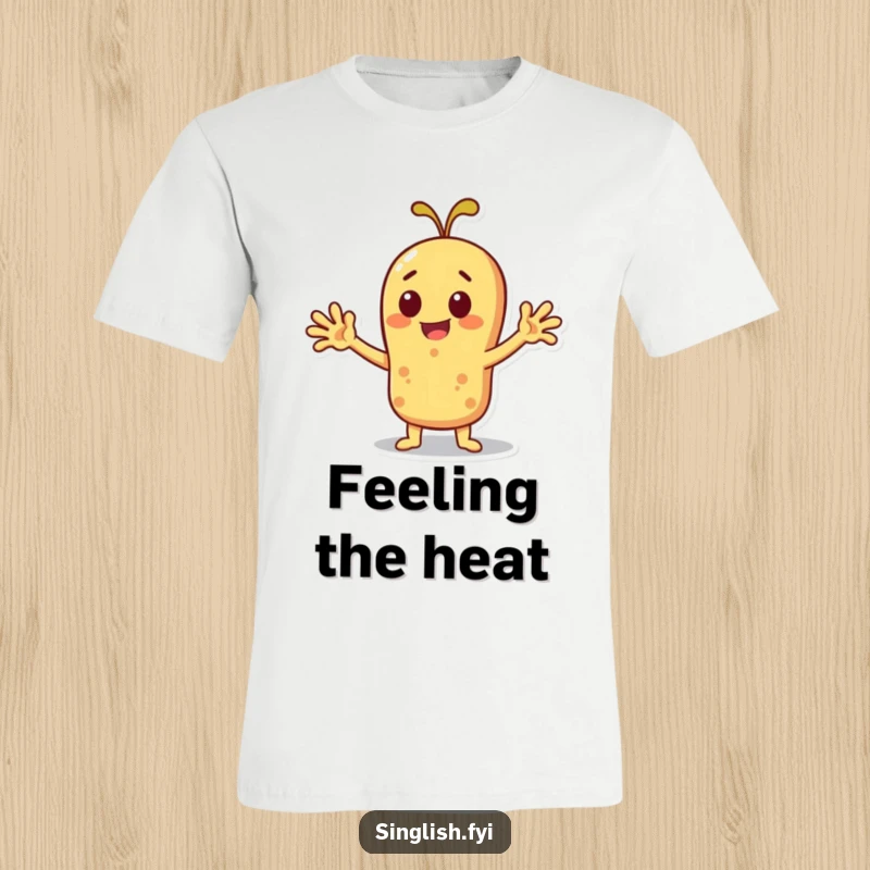 Funny cheerful roti character attempting to fan itself with outstretched arms, printed on a t-shirt.
