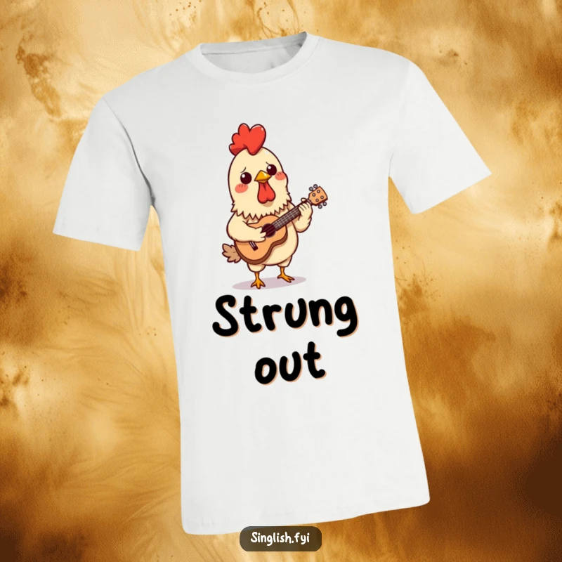 Funny t-shirt showing a confused chicken satay skewer in the act of playing a miniature ukulele, a truly quirky graphic.