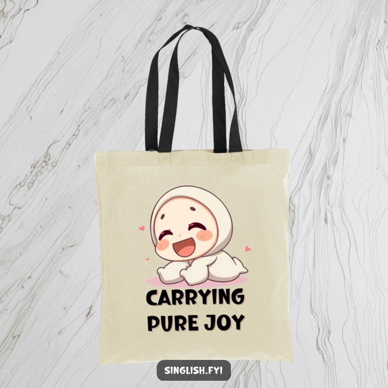Funny tote bag featuring a character rolling on the ground in fits of laughter, perfect for carrying joy and humor.