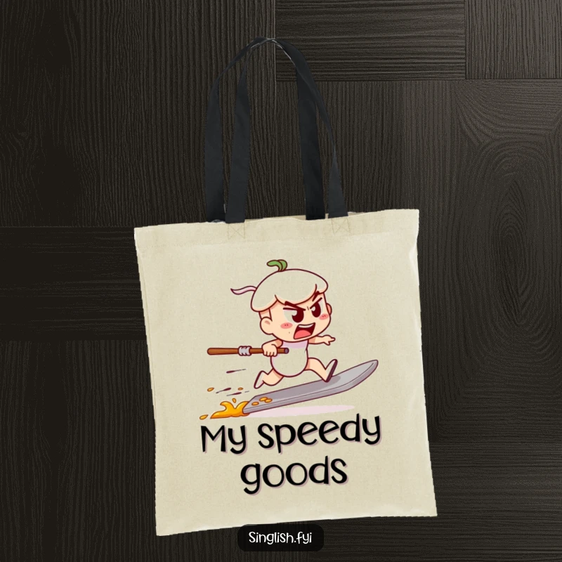 Funny tote bag depicting a determined char kway teow character speed racing on a spatula, ideal for carrying items with flair.