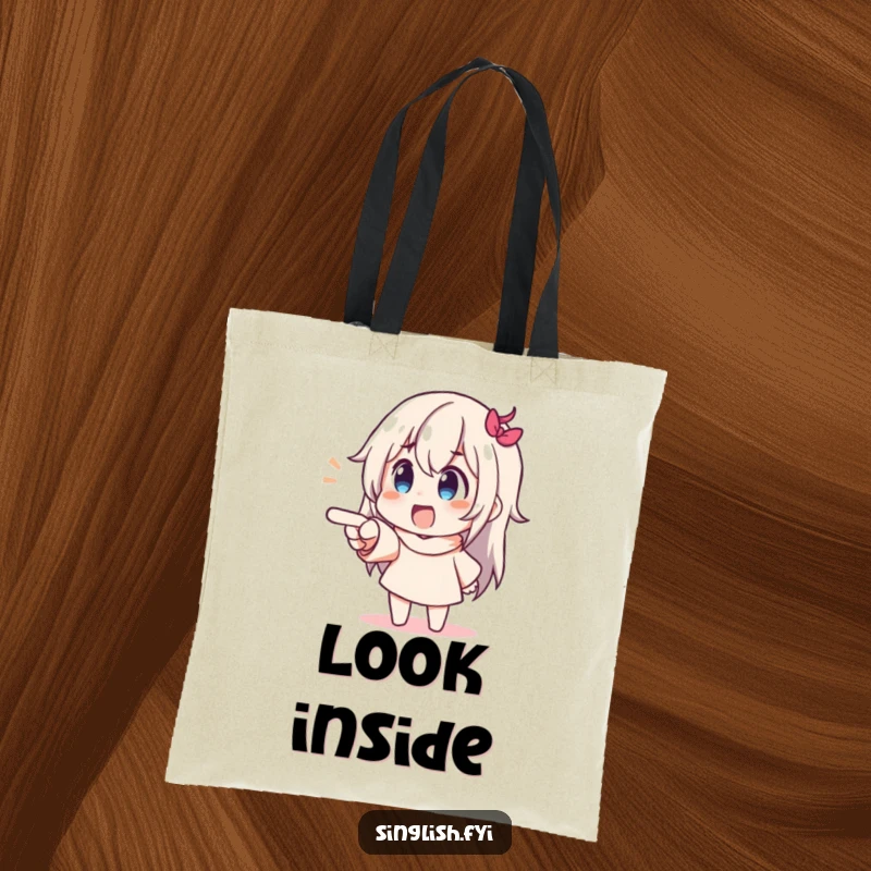 Funny Pointing Character Tote Bag featuring a character exaggeratedly pointing with delight, celebrating the joy of unseen discoveries.