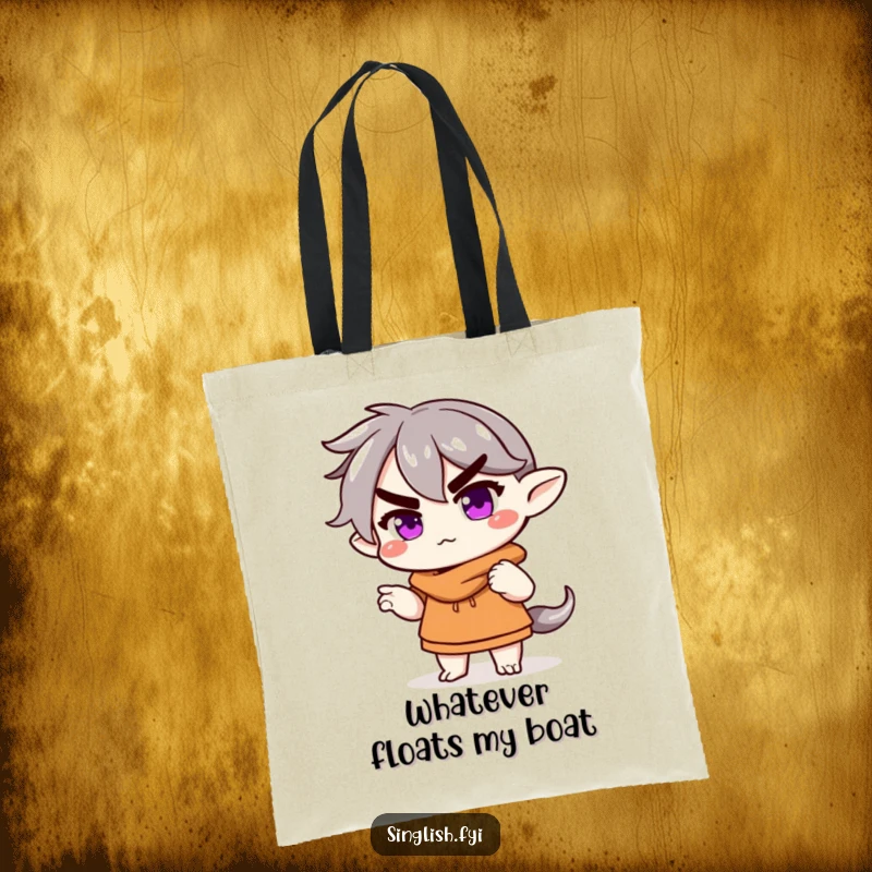 Funny Tote Bag: A character shrugs with a raised eyebrow, showcasing a funny, nonchalant, and functional accessory.