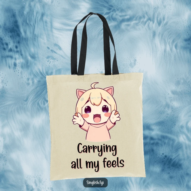 Funny Tote Bag: A delighted character with hands up in surprise, perfect for everyday use. Hilarious gift.