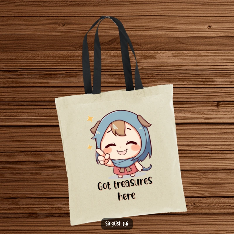 Funny Pointing Character Tote Bag showing a grinning character pointing at something unseen, a humorous and intriguing accessory.